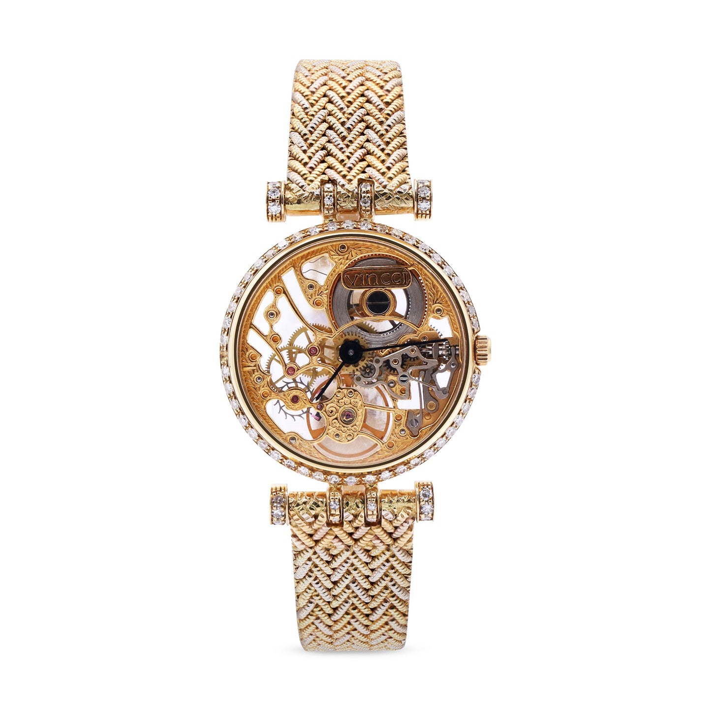 VINCCI LADIES 18K YELLOW GOLD SKELETON DIAL FACTORY DIAMONDS