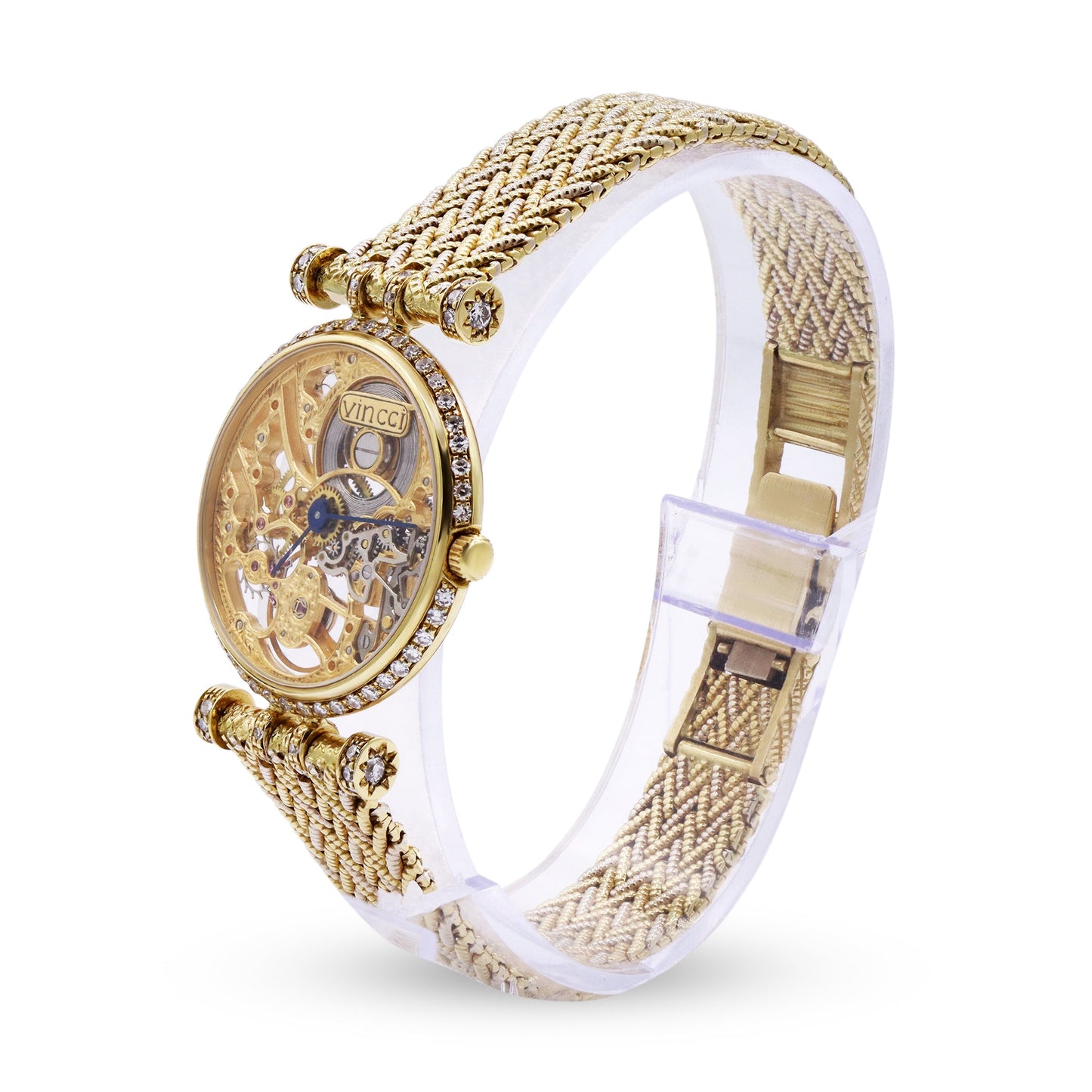 VINCCI LADIES 18K YELLOW GOLD SKELETON DIAL FACTORY DIAMONDS