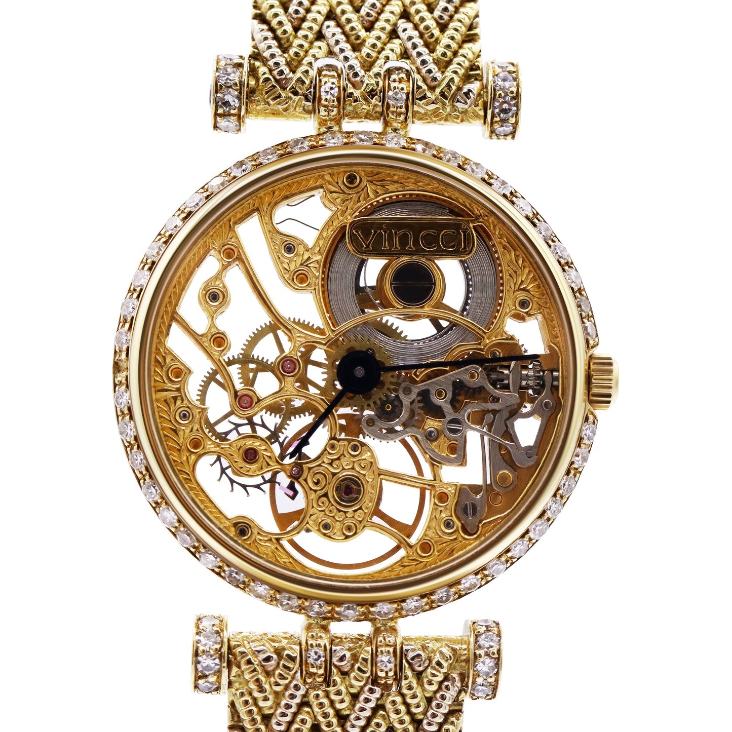 VINCCI LADIES 18K YELLOW GOLD SKELETON DIAL FACTORY DIAMONDS